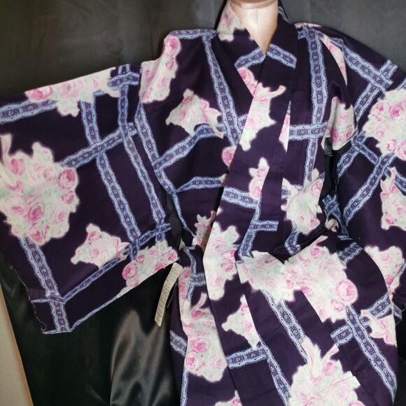 Navy Blue Rose Lace Womens Yukata Kimono Floral Summer Japan Vintage Rare Retro - Picture 1 of 9